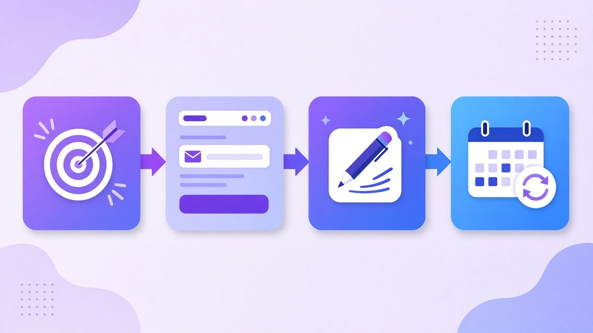 Four steps to start a newsletter shown as connected cards: a target for choosing your niche, an email signup form, a pencil writing an issue and a calendar with a repeat arrow for a regular schedule