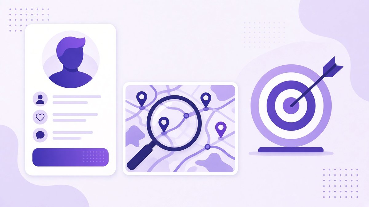 Customer persona card, a magnifying glass over a map with competitor pins and a target with an arrow, the audience research step when you write a marketing plan
