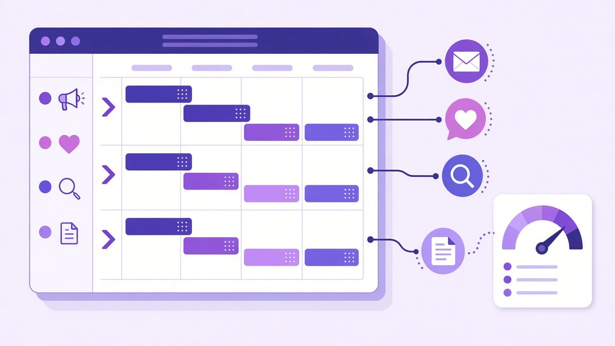 Marketing calendar with campaign blocks linked to email, social, search and blog icons and a results gauge, a channel plan from a small business marketing plan