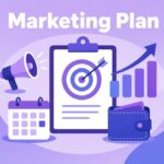 How to write a marketing plan illustration: a clipboard with a bullseye target surrounded by a megaphone, a calendar, a rising bar chart and a wallet for budget
