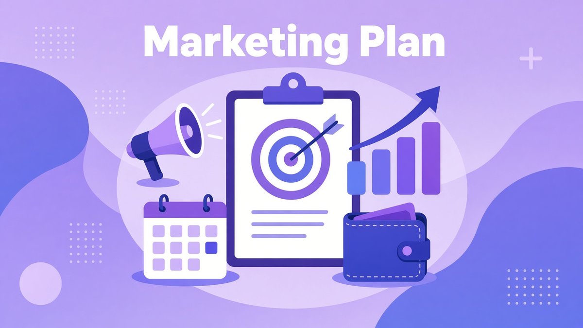 How to write a marketing plan illustration: a clipboard with a bullseye target surrounded by a megaphone, a calendar, a rising bar chart and a wallet for budget