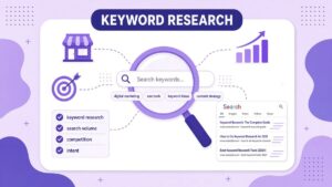 Keyword research for small business illustration: a magnifying glass over a keyword search bar with keyword chips, a storefront, a target, a rising bar chart, a keyword checklist and a search results page