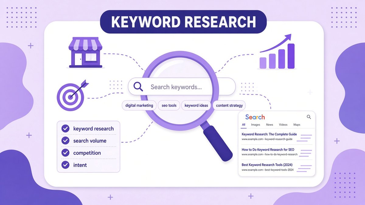 Keyword research for small business illustration: a magnifying glass over a keyword search bar with keyword chips, a storefront, a target, a rising bar chart, a keyword checklist and a search results page