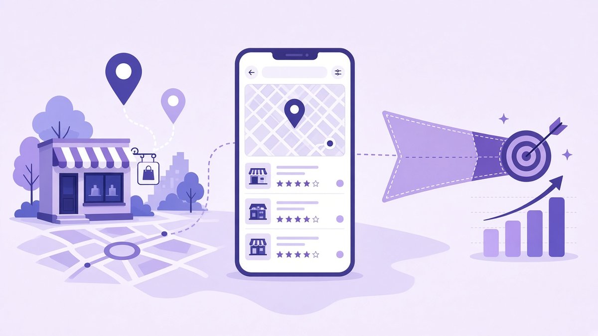 Local keyword research for small business: a shop on a map with location pins, a smartphone showing local search results with star ratings, and a narrowing long-tail keyword arrow hitting a target with a rising rank chart
