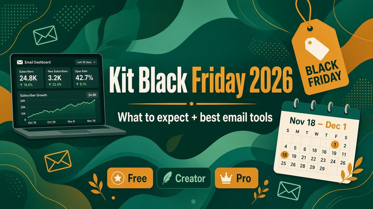 Kit Black Friday deal 2026 illustration: an email marketing dashboard on a laptop with a subscriber growth chart, a price tag and calendar marked Nov 18 to Dec 1, with Free, Creator and Pro plan chips