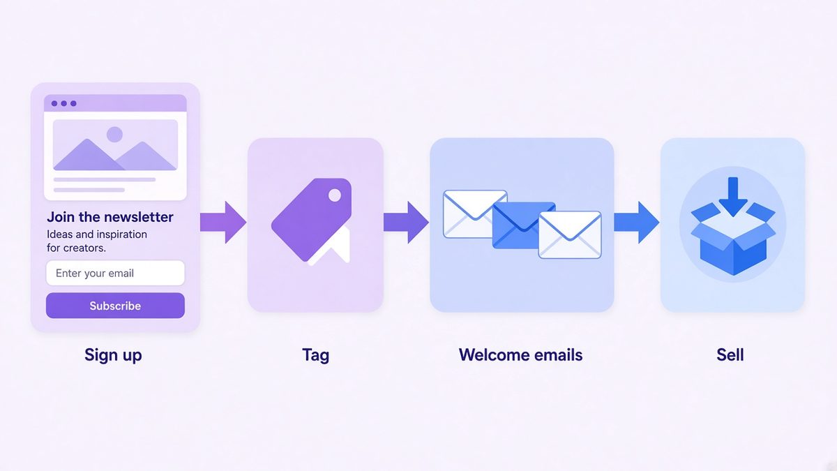 Visual automation flow from this kit review: sign up, tag, welcome emails, then sell