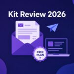 Kit review illustration of an open envelope with a newsletter, a laptop and a FREE PLAN badge