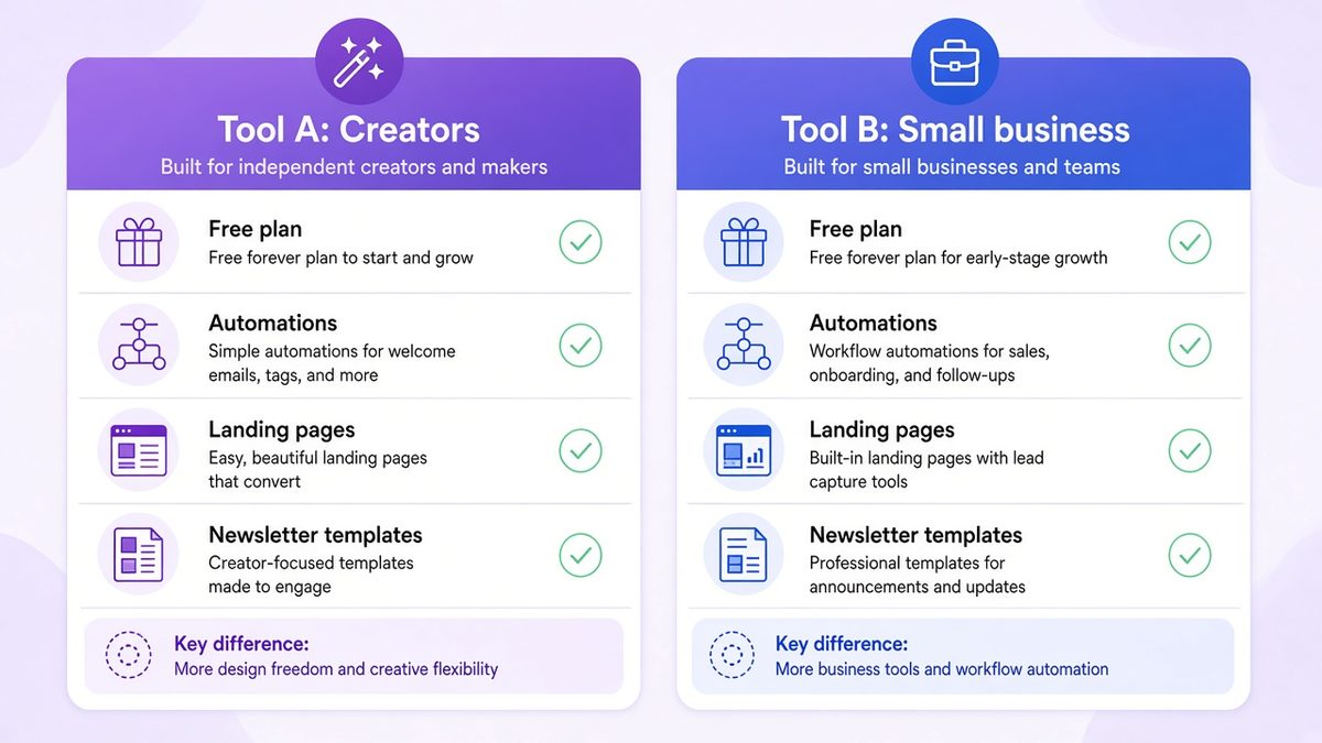 Kit vs MailerLite style side-by-side cards comparing a creator-focused tool with a small-business email tool