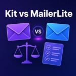 Kit vs MailerLite illustration of two envelopes facing off with a VS sign, a balance scale and a checklist