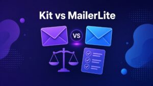 Kit vs MailerLite illustration of two envelopes facing off with a VS sign, a balance scale and a checklist