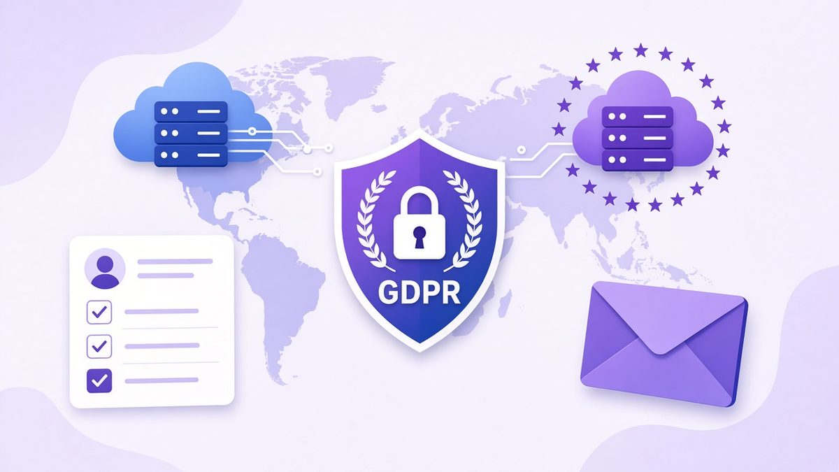 World map with an EU server, a US server, a GDPR shield and a consent form, showing data hosting in kit vs mailerlite