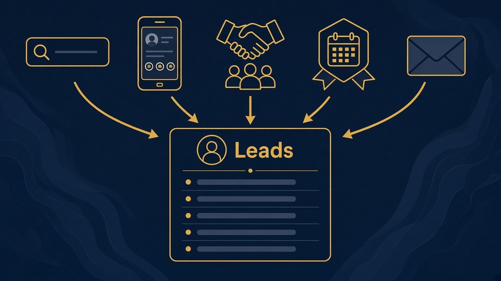 Lead generation for small business channels: search, social media, referrals, events and email feeding customer contacts into one lead list