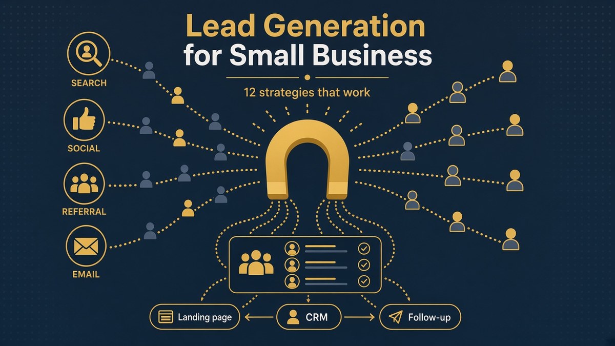 Lead generation for small business illustration: a magnet attracting customer icons from search, social, referrals and email into a lead list, with landing page, CRM and follow-up chips