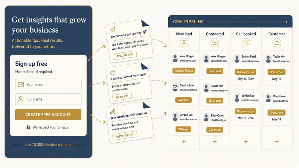 Automated lead generation system for small business: landing page form, instant follow-up emails and a CRM pipeline moving from new lead to customer