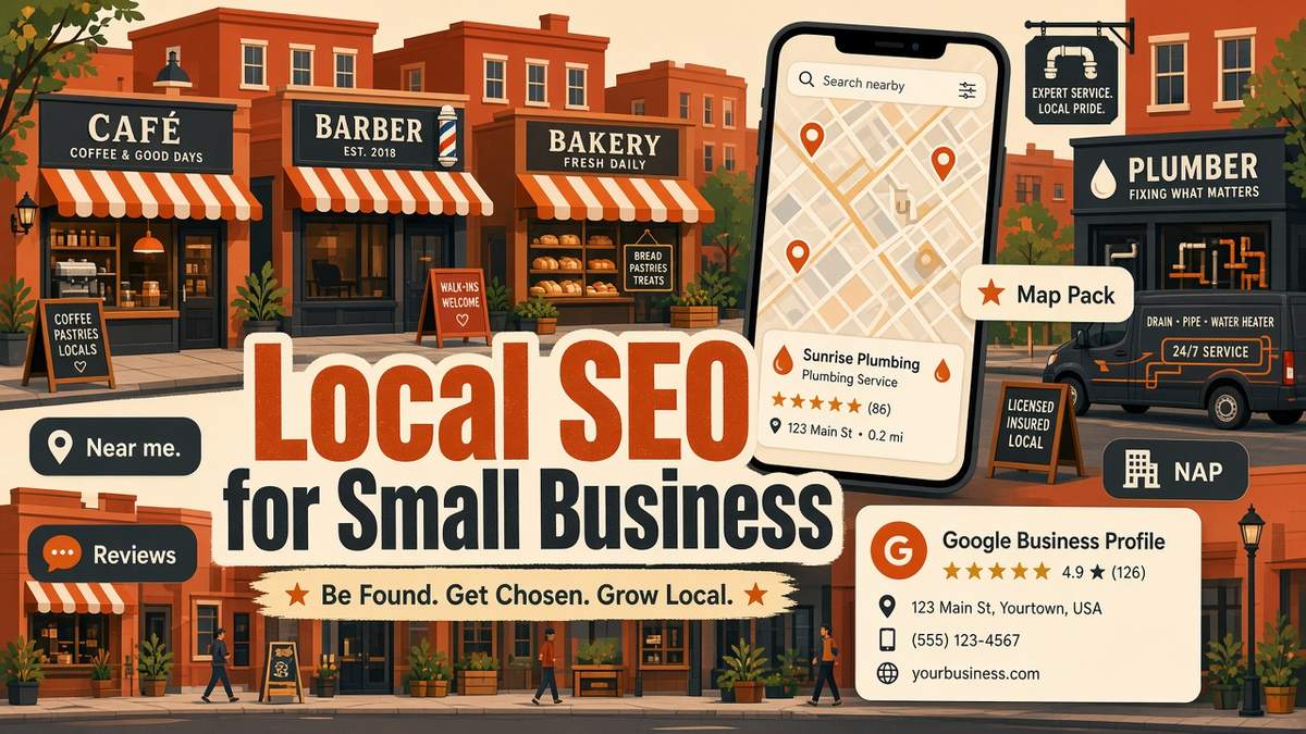 Local SEO for small business illustration: high street cafe, barber, bakery and plumber shop fronts, a phone map with location pins, a business profile card with 4.9 star reviews and near me, NAP and map pack chips