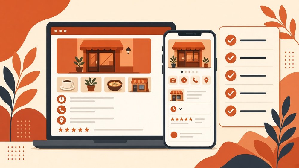 Optimised Google Business Profile for local SEO for small business on a laptop and phone, with photos, opening hours, phone and address icons, star reviews and a ticked setup checklist