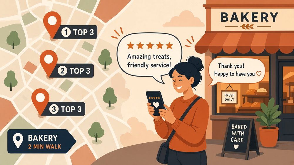 Customer leaving a five-star review for a local bakery, with the owner replying, next to a city map showing top 3 local search pins, illustrating reviews in local SEO for small business