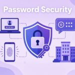Password security for small business illustration: a shield with a padlock and key linked to a laptop login, a fingerprint phone, a code bubble and an office building