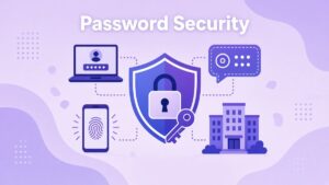 Password Security for Small Business: A Practical 2026 Guide Password security for small business illustration: a shield with a padlock and key linked to a laptop login, a fingerprint phone, a code bubble and an office building