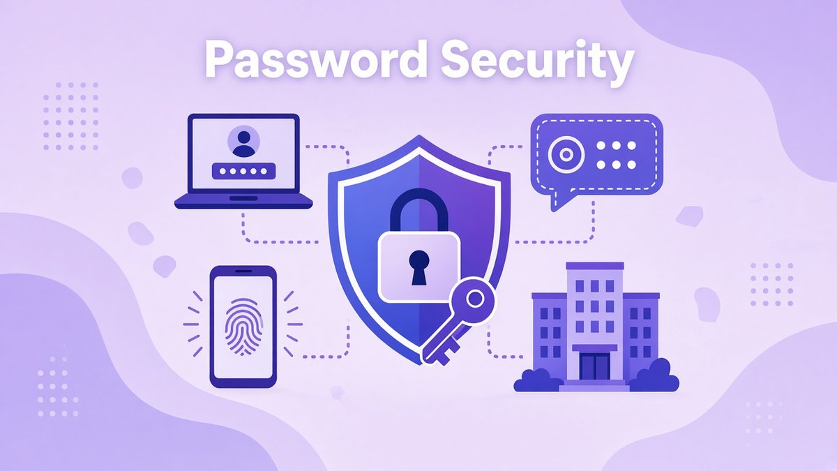 Password security for small business illustration: a shield with a padlock and key linked to a laptop login, a fingerprint phone, a code bubble and an office building