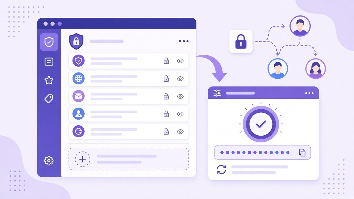 Password manager vault with locked login entries, a strong generated password and a locked item shared with three team members, a core part of password security for small business