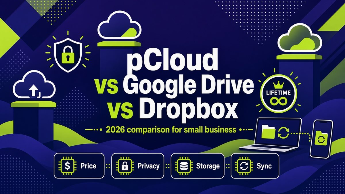 pCloud vs Google Drive vs Dropbox 2026 comparison for small business: cloud icons with price, privacy, storage, sync and lifetime plan badges