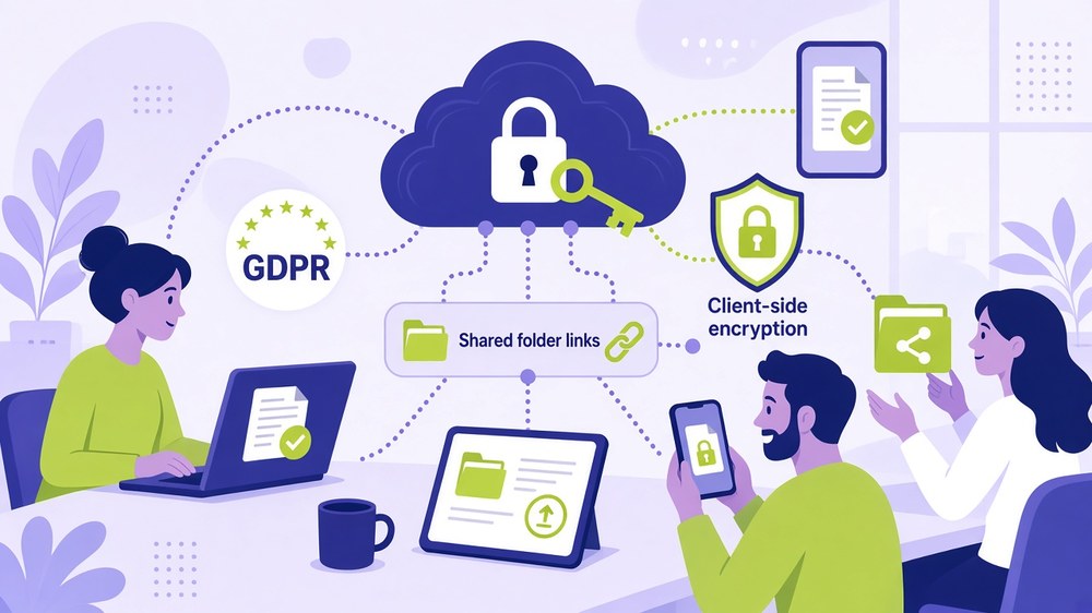 pCloud vs Google Drive vs Dropbox security for teams: GDPR badge, client-side encryption shield and shared folder links around a locked cloud