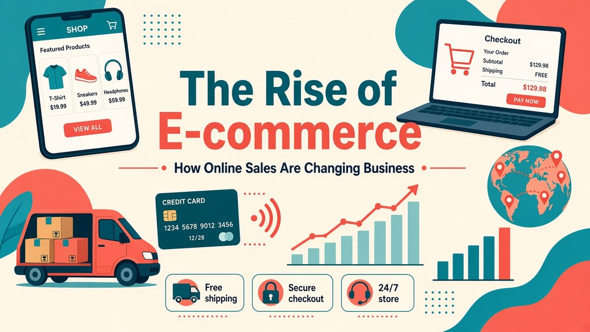 Teal and coral illustration of the rise of e-commerce: an online shop on a smartphone, a laptop checkout, a delivery van with parcels, contactless card payment and a rising sales chart