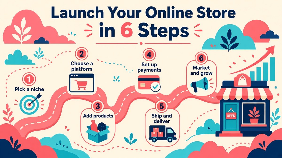 Six-step e-commerce roadmap to launch an online store: pick a niche, choose a platform, add products, set up payments, ship and deliver, then market and grow