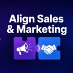Two puzzle pieces with a megaphone and a handshake joining between a lead funnel, target and growth chart, symbolising sales and marketing alignment