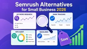 Purple dashboard illustration of SEO tool cards for keyword research, rank tracking, site audit and backlinks around a magnifying glass, showing affordable Semrush alternatives for small business