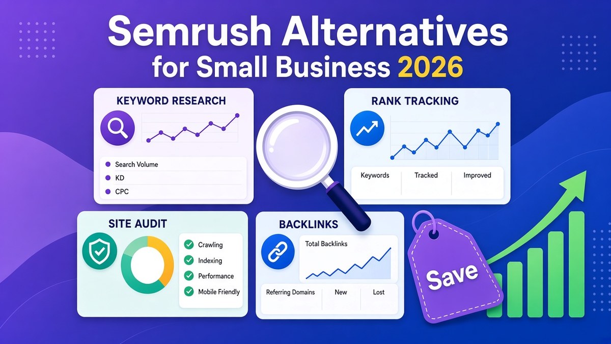 Purple dashboard illustration of SEO tool cards for keyword research, rank tracking, site audit and backlinks around a magnifying glass, showing affordable Semrush alternatives for small business