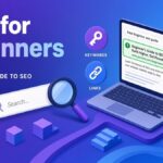 Purple illustration of a laptop showing a beginner SEO guide in search results, with a magnifying glass, search bar and icons for keywords, links and a rising chart, introducing SEO for beginners.