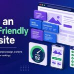 Illustration of a website wireframe with header, navigation and content blocks beside a site tree, a speed gauge reading 92, a mobile phone and an SEO checklist, showing what goes into an SEO-friendly website.