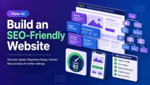 Illustration of a website wireframe with header, navigation and content blocks beside a site tree, a speed gauge reading 92, a mobile phone and an SEO checklist, showing what goes into an SEO-friendly website.