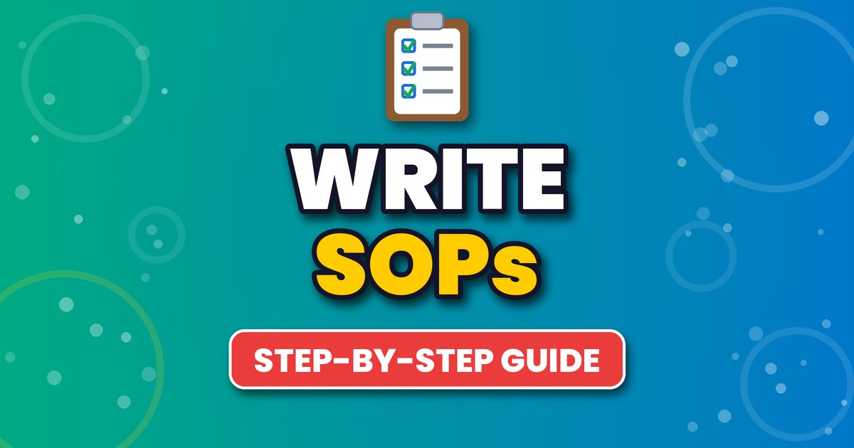 Clipboard checklist with three ticked boxes above the words Write SOPs, Step-by-Step Guide, showing how to write standard operating procedures