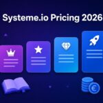 Purple pricing tier cards with crown, star, diamond and rocket icons beside euro, pound and dollar coins, illustrating Systeme.io pricing plans in 2026