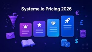 Systeme.io Pricing (2026): Free vs Startup vs Webinar vs Unlimited, in EUR, GBP and USD Purple pricing tier cards with crown, star, diamond and rocket icons beside euro, pound and dollar coins, illustrating Systeme.io pricing plans in 2026