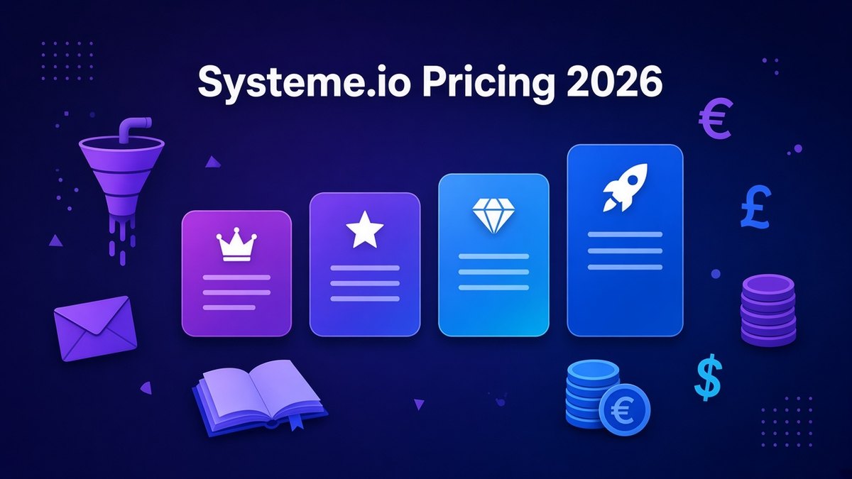 Purple pricing tier cards with crown, star, diamond and rocket icons beside euro, pound and dollar coins, illustrating Systeme.io pricing plans in 2026