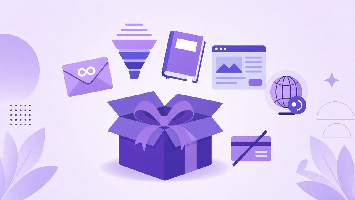 Open gift box surrounded by email, funnel, online course book and website icons, showing what the Systeme.io free plan includes