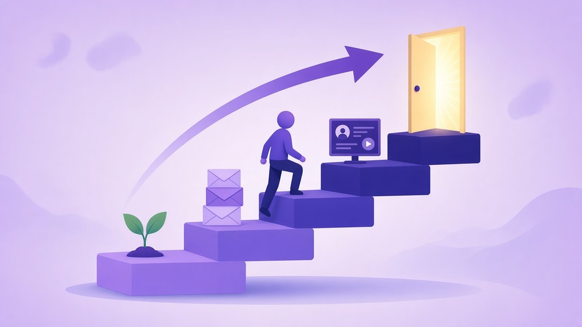 Person climbing purple steps toward a glowing door along a rising arrow, showing when to upgrade from the free plan to a paid Systeme.io plan