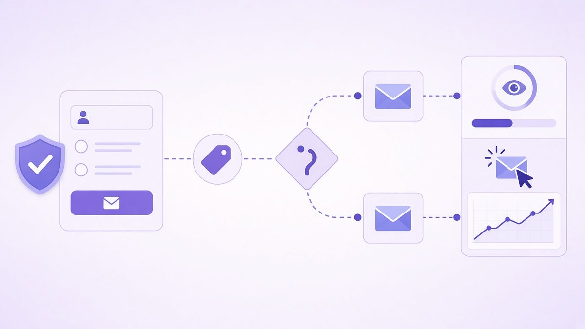 Welcome email automation workflow: a signup form with a GDPR consent shield, a subscriber tag, a decision branch into two email paths and a dashboard tracking opens, clicks and growth
