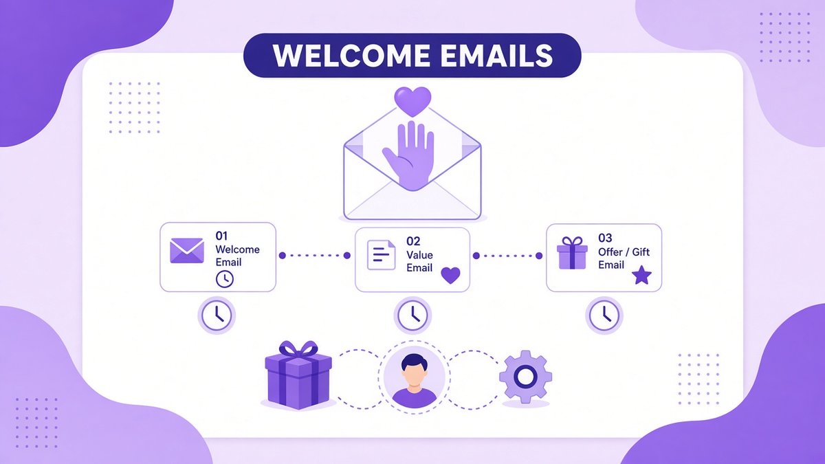 Welcome email sequence illustration: an open envelope with a waving hand and heart, three timed emails for welcome, value and offer, a gift box, a subscriber avatar and an automation gear